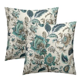 Teal Blue Flowers Throw Pillow Cover 20x20 Inch Pack of 2 Turquoise and Brown Floral Cushion Pillow Case Square Chinoiserie Cream Farmhouse Pillowcase for Party Bed Sofa Home Car Bedroom Outdoor