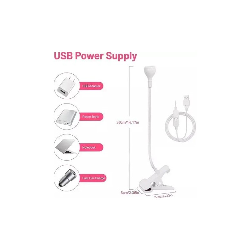 Lámpara LED UV para Uñas con Clip, USB, Cuello Flexible