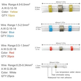 CACHOR 100PCS Solder Seal Wire Connector, Heat Shrink Butt Terminals Electrical Insulated Marine Waterproof Automotive Copper Connectors with Case(35Red 30Blue 25White 10Yellow)