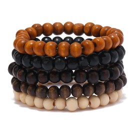 5 Pieces Vintage Wooden Beaded Bracelets for Women Unisex Multilayer Stretch Bracelet Set Beads Hand Chain Cuff Wrap Bangles Gothic Bohemian Jewelry Gifts, Medium, Wood, no gemstone