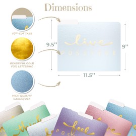 Decorative File Folders, 12 Pack, 6 Colors/6 Phrases, 12 Unique Designs, Heavyweight, Letter Size (9.5 x 11.5") with 1/3 Cut Tab, Gold Foil Positive Thoughts, Fashion Folders by Better Office Products