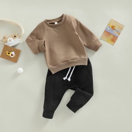 Toddler Baby Boy Clothes Solid Color Long Sleeve Crewneck Sweatshirt Top Casual Pants Set 2Pcs Fall Winter Outfits (A- Coffee & Black, 0-6 Months)