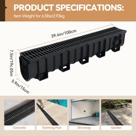 Trench Drain System, Channel Drain with Plastic Grate, 5.9x7.5-Inch HDPE Drainage Trench, 5x39 Trench Drain Grate, with 5 End Caps Black Plastic Trench Drain, for Garden, Driveway-(5 Pack)