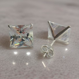 8MM MENS Princess Cut/Square Simulated Diamond Cubic Zirconia (CZ) Sterling Silver Stud Earrings/Ear Studs for Men Boys Unisex - White/Clear (Medium) Pair of Ear Studs - Beckham Style
