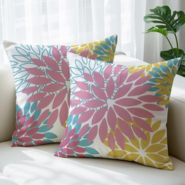 JANGYUHH Set of 2 Cushion Covers, 45 x 45 cm, Modern Flowers, Decorative Cushions, Double-Sided Pattern, Pink, Yellow, Blue, Sofa Cushion, Dahlias, Outdoor Cushion, Linen Decorative Cushion Covers for