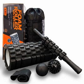 Aucuu 6 in 1 Foam Roller Set Includes Hollow Core Massage Roller, Yoga Stick, Massage Ball, Fitness Stretching Strap, Carrying Bag, Towel, Massage Roller (Black)