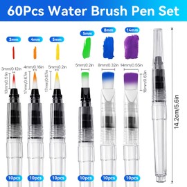 Boocalny 60 Pcs Watercolor Brush Pens Set, 6 Size Refillable Water Color Pens with Pointed & Flat Tip, Leak-Proof Portable Water Brushes Pen for Acrylic Gouache Painting Calligraphy Artists Beginners