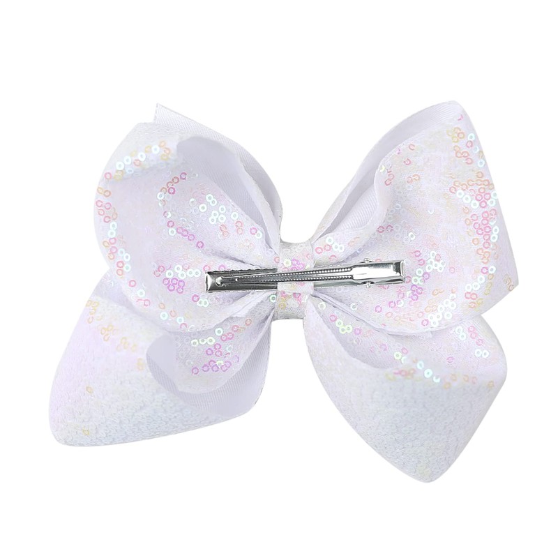 AMYDECOR 8 Inch White Sparkly Glitter Sequin Hair Bows for