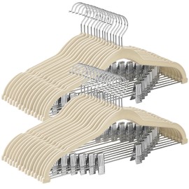 SONGMICS 20-Pack Pants Hangers, 16.7-Inch Long Velvet Hangers with Adjustable Clips, Heavy-Duty, Non-Slip Skirt Hangers, Space-Saving for Pants, Skirts, Coats, Dresses, Sandy Beige UCRF012K20