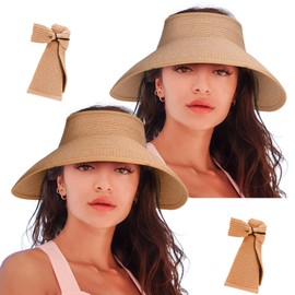 Women's Sun Visor Hats Wide Brim Straw Beach Hat Ponytail Hats for Women Foldable Floppy