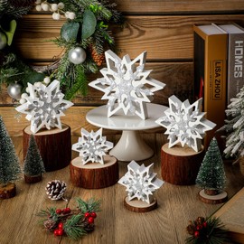 Suzile 5 Pcs Large Christmas Thick Wooden Snowflake Decorations Winter Glitter Snowflake Wood Ornaments Farmhouse Snowflake Centerpieces Table Signs for Xmas Home Office Table Mantel Fireplace Shelf