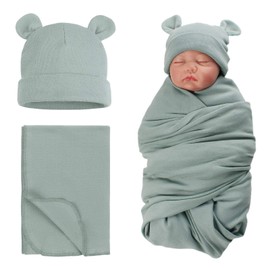 XIAOHAWANG Baby Swaddling Cloth Cotton with Newborn Hat Baby Burp Cloths Soft Comfortable Swaddling Cloth for Baby Girls, Boys (Green Grey)