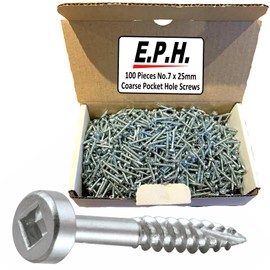 EPH Pocket Hole Screws for Softwoods & Man-made Boards, # No.7 x 25mm Long, Pack of 100, Coarse Self-Cutting Screw with Robinson 2 Square Drive, EPHS725100C, Silver