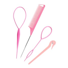 Topsy Tail Hair Tools, 4pcs Hair Styling Tools for Girls, 2pcs French Braiding Tool Hair Loop Styling Tool 1pc Elastic Hair Bands Cutter, 1pc Rat Tail Comb for Children Girls(Pink)