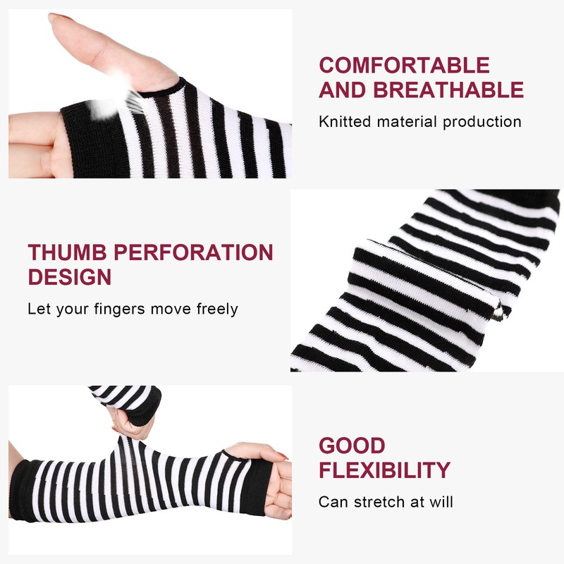Long Arm Warmers Striped Fingerless Gloves for Women, Black and