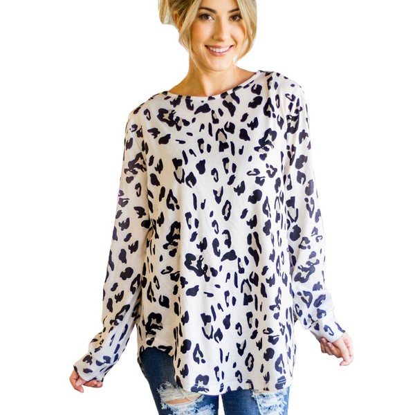 Tickled Teal Women's Long Sleeve Casual Loose Sweater Outerwear, Leopard