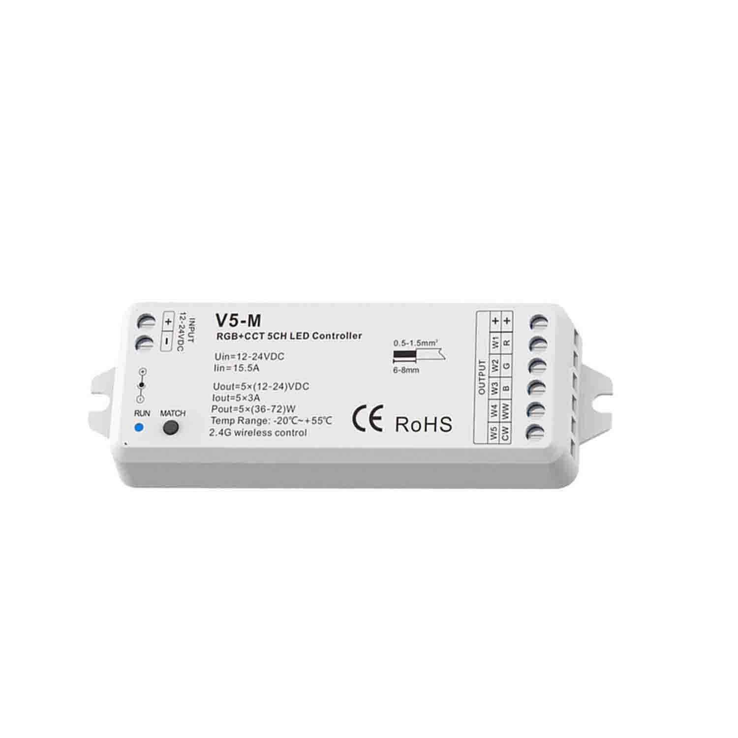 5 in 1 LED Controller,2.4G Wireless V5-M 5 Channel Dimming RGBWW LED ...