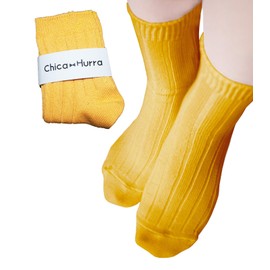 Chica Hurra Women's Socks, Made in Japan, Crew Length, 9.1 - 9.8 inches (23 - 25 cm), Same Color, 2 Pair Set, Rib Socks, yellow (mustard)