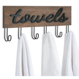 Mkono Towel Holder Wall Mounted Towel Rack Bathroom Decor Rustic Wood Towel Hooks to Hang Towels Bathroom Robe Coat Clothing, Bath Towel Hanger Storage Home Decor Organizer, Medium