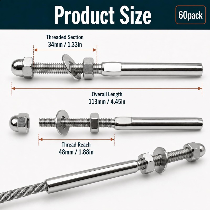 60 Pack Cable Railing Swage Threaded Stud Tension End Fitting