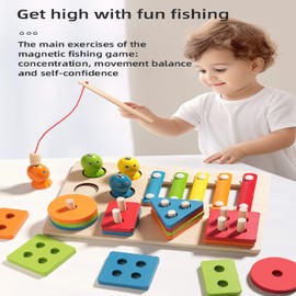 ENIKMOSD Montessori Toy from 1 Year, Wooden Toy from 2 Years, Sorting & Stacking Toy, Xylophone Fishing Game, Children's Toy from 1 Year, Montessori Learning Toy 2 Years, Motor Skills Toy