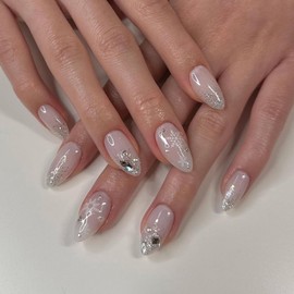 ANDGING Almond Press on Nails White Short Medium Ombre Glue on Nails with Glitter Rhinestone Snowflake Designs Acrylic Fake Nails for Women Wedding Manicure Classy False Stick on Nails 24 Pcs
