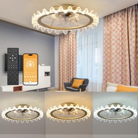 Ceiling Fan with Lights and Remote, 19.7'' Flush Mount Fandelier Ceiling LED Fan Light, 3000K-6500K, Up & Down 2 Face Light, Low Profile Gold Ceiling Light with Fan for Bedroom, Living Room