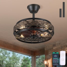 SHIHOT 18" Black Caged Ceiling Fan with Lights, Bladeless Industrial Ceiling Fan with Remote, 6 Speeds, Farmhouse Ceiling Fan Light Fixture for Kitchen, Bedroom(Bulbs Not Included)