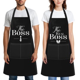 Britimes 2 Pack Aprons, The Boss The Real Boss Adjustable Bib Aprons with 2 Pockets for Women Men Couple Lovers Chef Home Kitchen Cooking Baking Gardening Funny Couples Apron 32x28 Inches