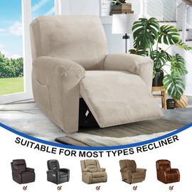 MAXIJIN Oversized Recliner Chair Covers Velvet Plush 4 Piece Stretch Recliners Covers for Large Recliner Slipcovers Soft Washable Reclining Protector with Side Pocket (XL Recliner, Khaki)