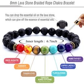 Doitory Men Women 8mm Lava Rock 7 Chakra Essential Oil Charms Bracelet Gifts for Friends Elastic Natural Stone Yoga Beads Bracelet Bangle-21001
