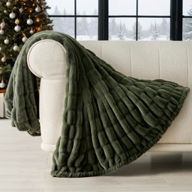 EVERGRACE Faux Rabbit Fur Throw Blanket, Luxurious Soft Bubble Fluffy Blanket, Ruched Cozy Fuzzy Throw Blankets 50x60 in, Plush Warm Reversible Velvet Mink Blanket for Couch Bed Sofa, Loden Green