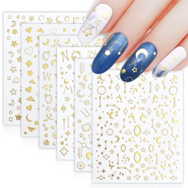 6 Sheets Gold Heart Star Nail Art Stickers Gold Star Sun Moon Planet Hollow Love Heart Pattern Nail Decals 3D Holographic Self-Adhesive Nail Stickers Designs for Women Girls Nail Decoration 807-5