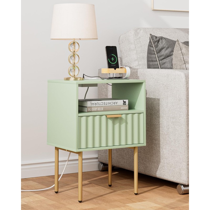Masupu Nightstand with Charging Station,Mid-Century Modern Bedside Table with Storage