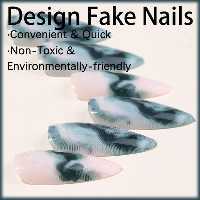 24Pcs Dark Green Marble Press on Nails with Curve Line