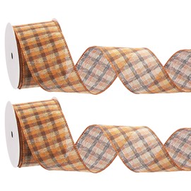 PATIKIL Fall Wired Edge Ribbons 2-1/2 Inch x 10 Yard, 2 Roll Fall Plaid Burlap Ribbon Check Ribbon for Thanksgiving Autumn Party DIY Craft Big Bows Wreath Wrapping, Orange/White/Brown