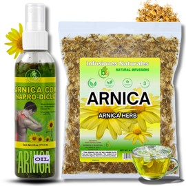 Arnica Sore Muscle Massage Oil(Aceite)6 fl oz + Arnica Flower Tea(4 oz)–Natural Herbal Bundle for Massage Therapy & Relaxation,Fast-Absorbing Body Oil + Caffeine-Free Floral Infusion–Daily Comfort Duo
