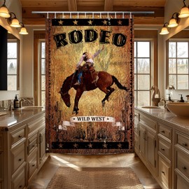 JAWO Vintage Shower Curtain, Rodeo Cowboy Riding Bull Wooden Old Sign Western Style, Cloth Fabric Bathroom Shower Curtains Decor Set Hooks Included