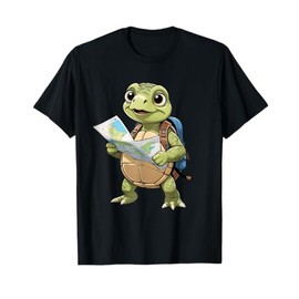 Cartoon Turtle Traveling with Map and Backpack Illustration T-Shirt