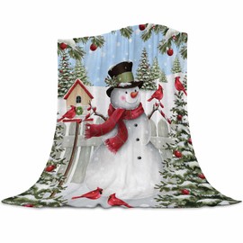 Christmas Fleece Blanket for Bed, Snowman and Birds Flannel Throw Blanket for Kids and Adults - Super Soft Plush Snowman Blanket Throw Plush Blanket for Snow Lovers 40X50 Inches