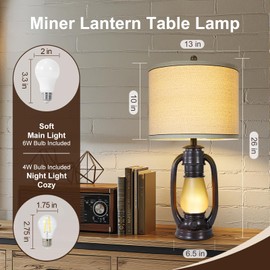 26'' Vintage Lantern Table Lamps Set of 2, Retro Bedside Nightstand Lamp with Nightlight and Linen Shade, Rustic Desk Lamp with USB A+C Ports, Farmhouse Table Lamps for Living Room Bedroom Study room