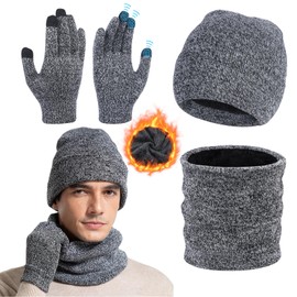Minicoco 3 Pcs Men's Beanie Hat Scarf and Touch Screen Gloves Set Thermal Fleece Lined Snow Knit Cap, 3 in 1 Winter Hats Touch Screen Gloves Neck Warmer Snood Set (Grey)