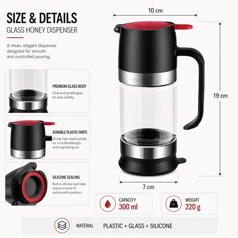 Glass Honey Dispenser for Easy Serving – 300mL Press-Handle Bottom