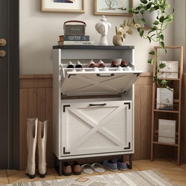 Vabches 24" W Farmhouse Shoe Cabinet Storage for Entryway, Freestanding Organizer with 2 Flip Drawers - Color: Washed Gray