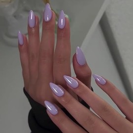 SXVME Uñas Postizas Cortas Almendradas Color Lila, Uñas Postizas Moradas Claras para Pegar, Uñas Acrílicas Naturales Gruesas Hechas A Mano con Gel Mej