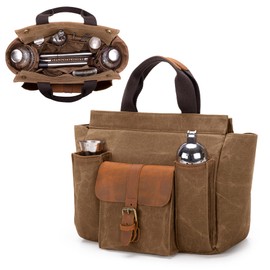 LoDrid Tote Bartender Bag, Genuine Leather Waxed Canvas Portable Carrying Cocktail Shaker Kit Bag with Handle for Travel Home Indoor Outdoor Party (Bag Only)(Patent Design)