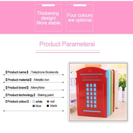 MerryNine 2 Pack Book Ends, Metal Bookends for Shelves, Telephone Booth Decorative Book end, Non Skid Heavy Bookends, Book, Magazine or CD Organizers for Home and Office Red