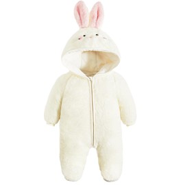 JiAmy Baby Winter Snowsuit, Infant Hooded Romper Outfits Boys Girls Cartoon Fleece Jumpsuit White Bunny 3-6 Months