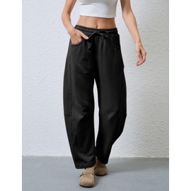 SeekMe Women's Barrel Leg Sweatpant Drawstring Elastic Waisted Wide Leg Pants Casual Cotton Palazzo Trousers with Pockets (0009-Black-S)