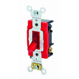 Leviton 20 Amp, 120 Volt, Toggle Pilot Light, Neutral Double-Pole AC Quiet Switch, Extra Heavy Duty Spec Grade, Self Grounding, Back and Side Wired, 1222-PLR, Red